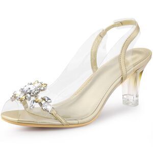 Peep Toe Flower Rhinestone Slingback Clear Chunky Heels Sandals Gold